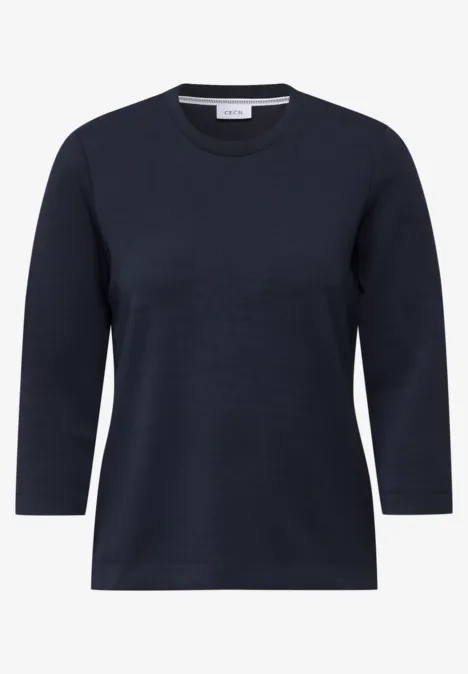 Dunkelblaues Shirt mit 3/4-Ärmeln und Rundhalsausschnitt.